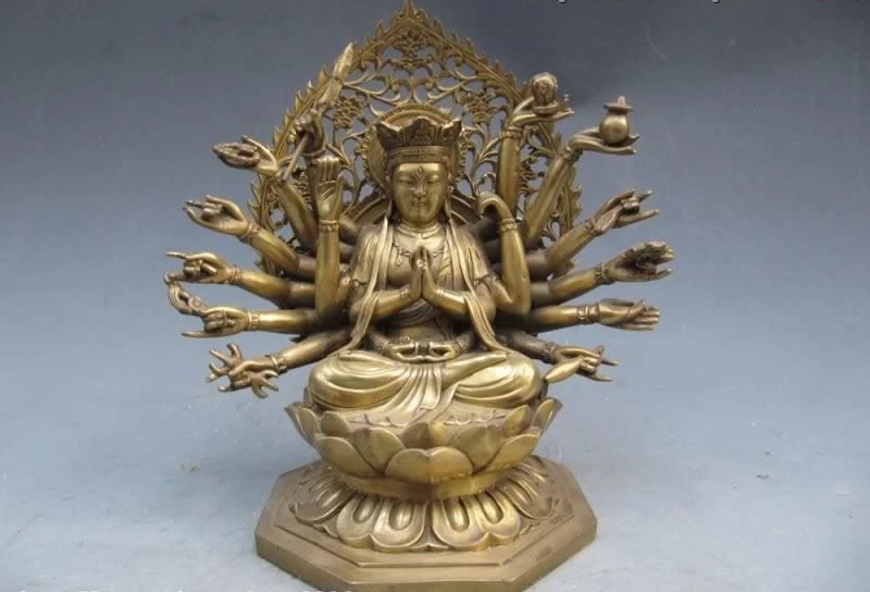 Тибетский ремесленник из чистой латуни 18 рук Avalokitesvara Kwan-Yin Будда | Дом и сад
