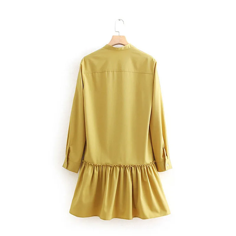 2019 модная весенняя женская желтая рубашка со складками и воротником-стойкой