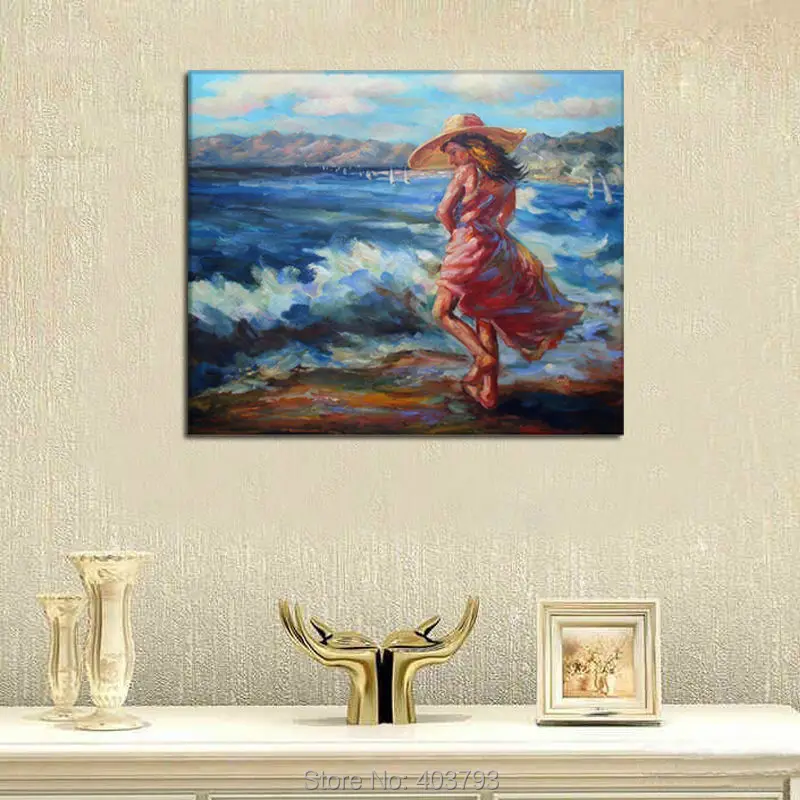 Высокое Качество ручная роспись маслом на холсте Девушка играет пляже 20x24 дюйма