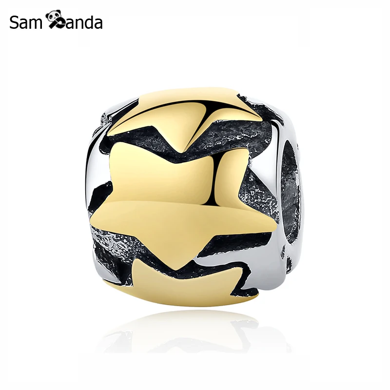 

Authentic 925 Sterling Silver Bead Charm ESSENCE Golden Stars Thread Charms Fit Bracelets & Bangles Women DIY Jewelry