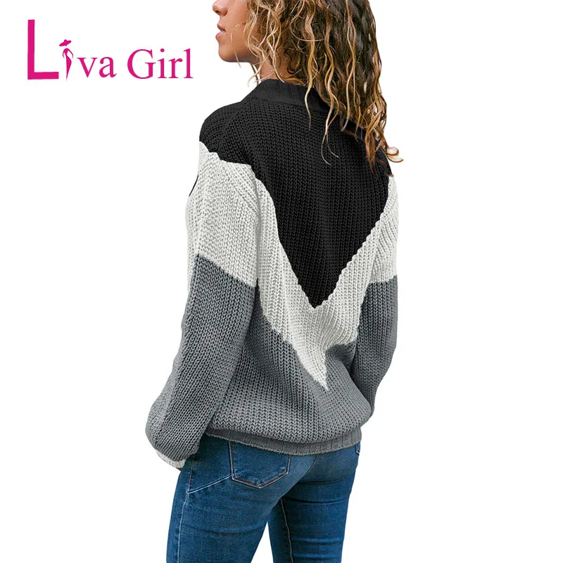 Liva Girl Winter Autumn Casual Knit Sweater For Women O Neck Long Sleeve Color Block Female Pullover Plus Size Sueter Mujer XXL | Женская