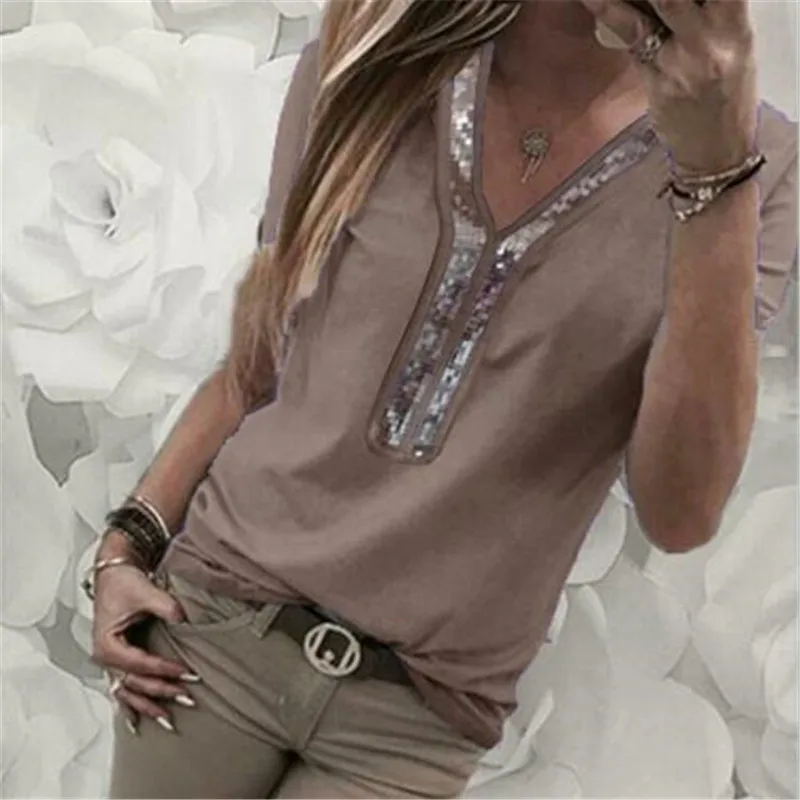 Модная женская блузка с v образным вырезом расшитая блестками коротким рукавом