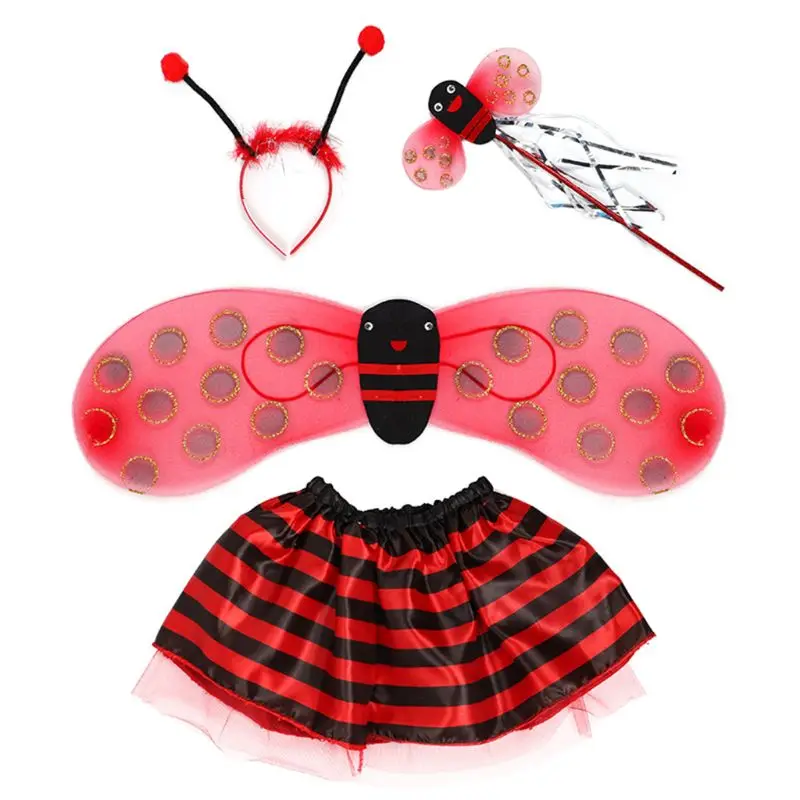 Red Ladybird 4 шт./компл. Детский костюм феи комплект божьей коровки, пчелы блеск; милый полосатый слоистый юбка-пачка с волшебной палочкой и ободком юбка, наряды на Хэллоуин, на возраст от двух до восьми - Цвет: Red Ladybird