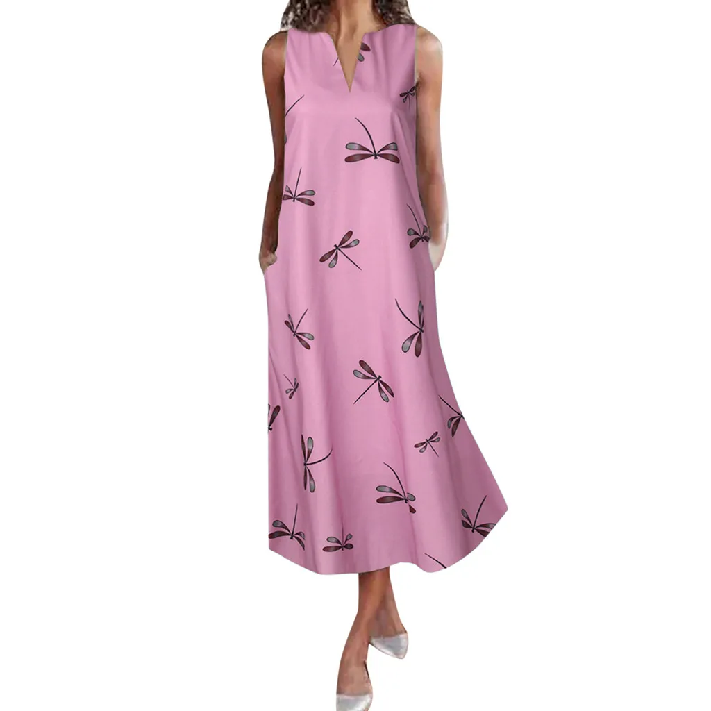 Женское винтажное платье KLV повседневное свободное макси без рукавов с принтом