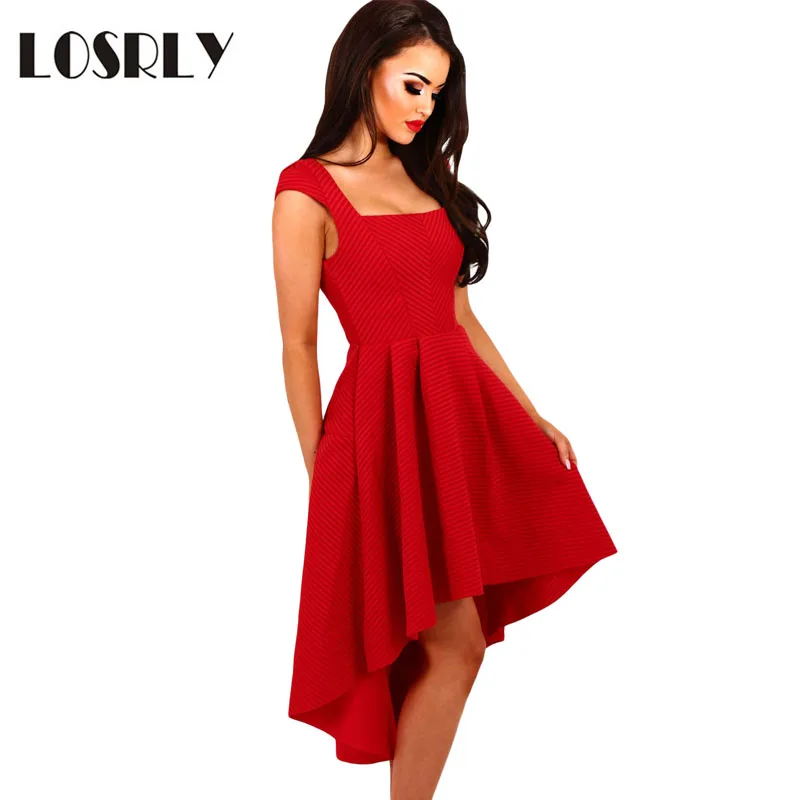 LOSRLY Летние Элегантные Дамы Высокие Низкие Пром Платья 2017 Красная Полоса Dip Подол