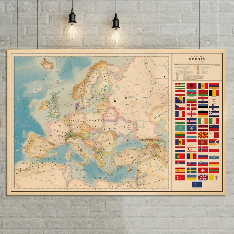 Europe Map Poster Size Wall Decoration Large of The 80x53 Waterproof canvas map|Карты| |