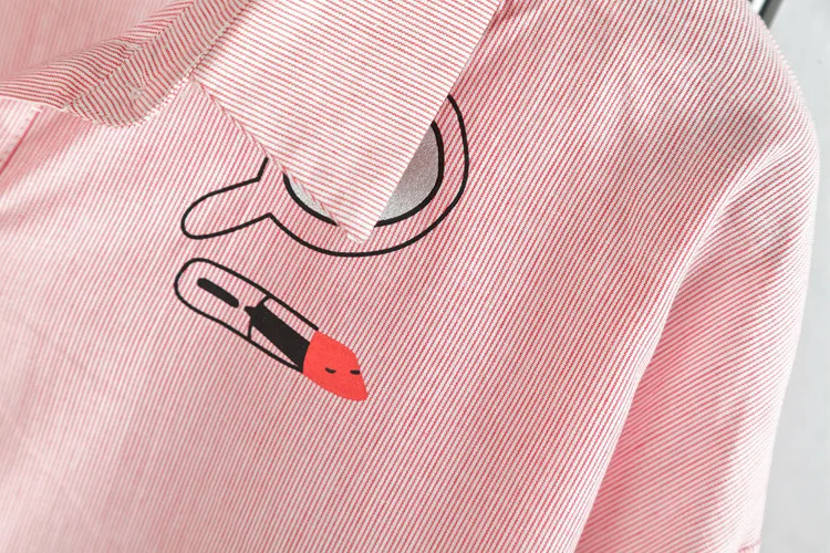 Женская хлопковая блузка в полоску Повседневная Длинная рубашка розового и