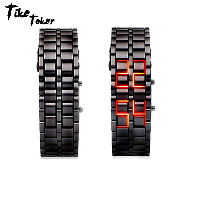 

TIke Toker,Stainless Steel Bracelet Watch Men Women Lava Iron Samurai Metal LED Faceless Digital Wristwatches relogio masculino