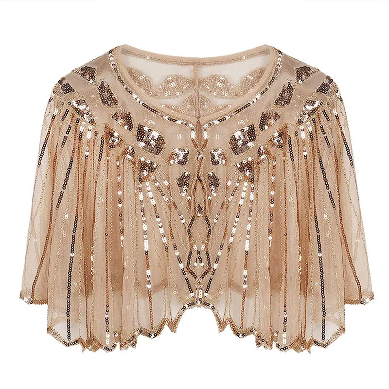 Champagne shawl Винтажная черная сетка 1920s& блестки Хлопушка капель розовый/бежевый/Абрикосовый/розовый - Цвет: Champagne shawl