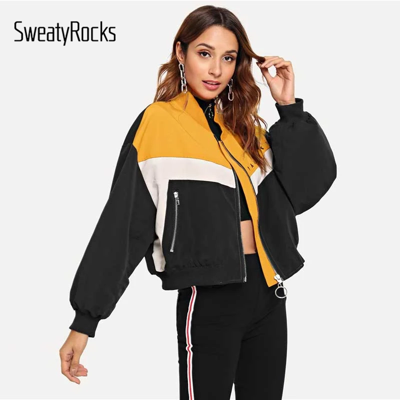SweatyRocks куртка на молнии с буквенным принтом, пальто с длинным рукавом и стоячим воротником, цветные женские короткие топы, Осенние Стильные повседневные куртки