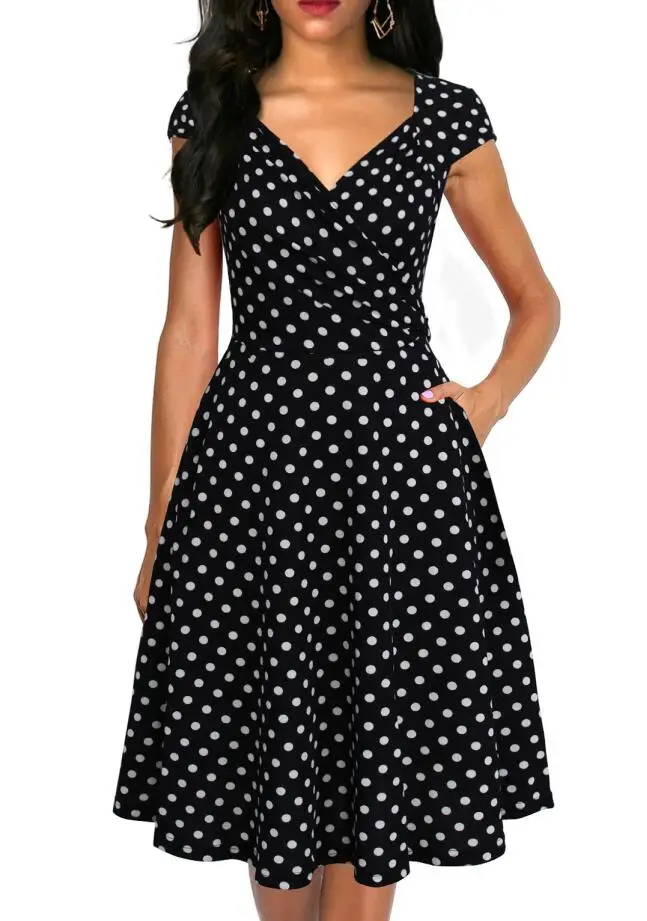 black dot Berydress, женское платье с коротким рукавом и рюшами, в горошек, а-силуэт, пышное, свободное, приталенное, Vestidos, для свадьбы, вечеринки, летнее, расклешенное платье с карманом - Цвет: black dot