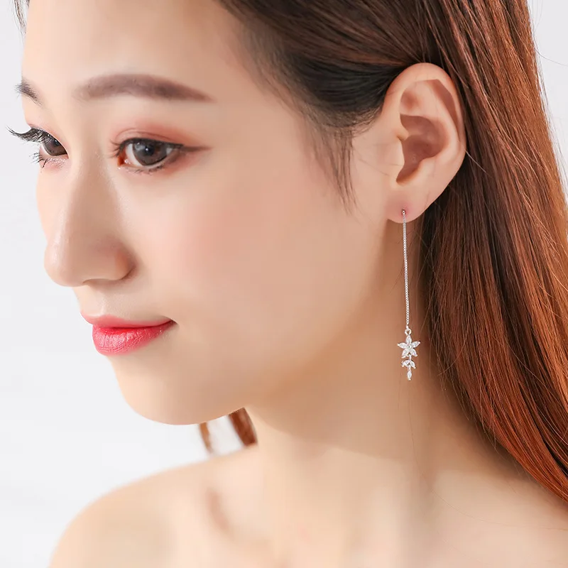 2019 пять лепестков цветы циркон длинной кисточкой Корейский серьги 925 Щепка