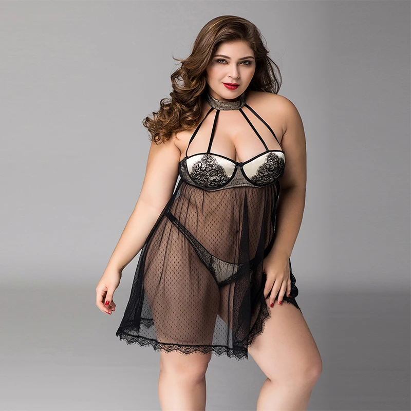 Размера плюс женское сексуальное прозрачное черное нижнее белье Babydoll