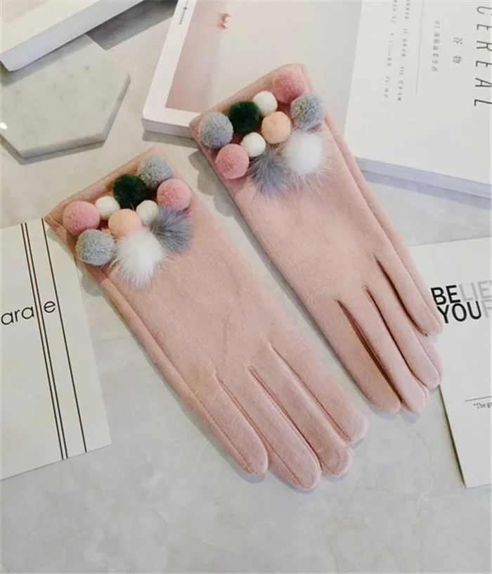 pink Брендовые перчатки замшевые кожаные перчатки женские зимние перчатки с разноцветными шариками модные зимние варежки для женщин 5 цветов - Цвет: pink