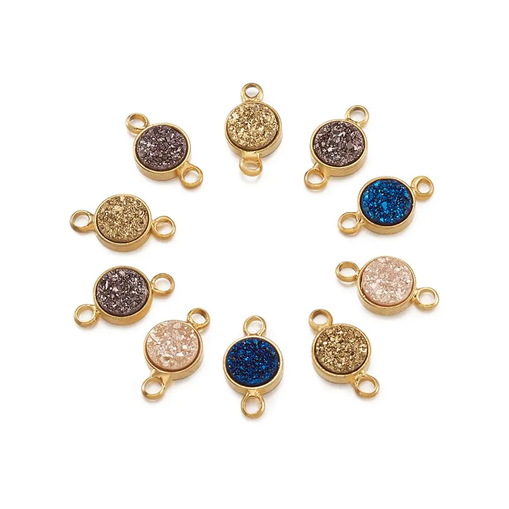 

10pcs Electroplated Natural Druzy Agate Links Connector , with Brass Findings, Flat Round, Golden ,13x7x2.5mm, Hole: 2mm F60