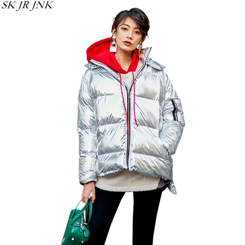 2018 короткая зимняя куртка Для женщин модные серебряного цвета яркая утепленная