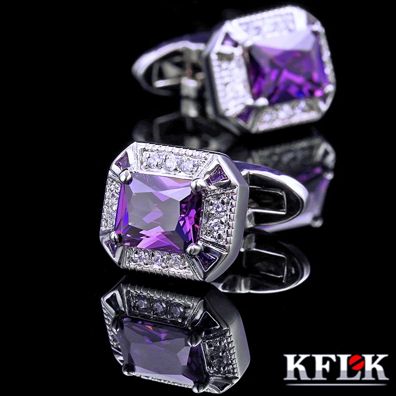 

KFLK Jewelry shirt cufflink for mens Brand Purple Crystal Cuff link Male Luxury Wedding Groom Button High Quality guests