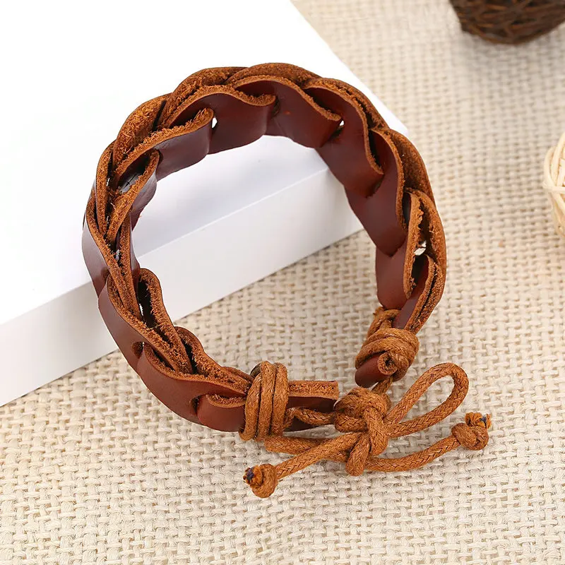 Панк коричневый черный кожаный браслет для мужчин Веревка Сеть Wrap Браслеты