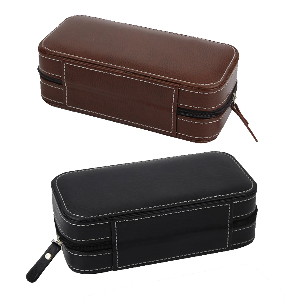 

2 Pieces Black/Brown Case 2 Slots Genuine Leather Watch Travel Storage Zipper Organizer Box