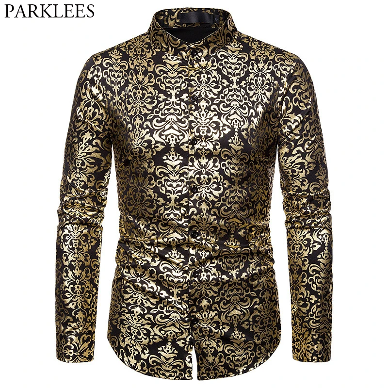 

Men's Paisley Floral Gold Shiny Printed Tuxedo Shirt Brand Banded Collar Slim Fit Dress Shirt Men Wedding Party Baroque Chemise