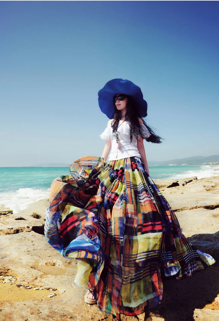 Women Trip Skirt 2018 Summer High Waist Colorful Chiffon Girl Floor Length Beautiful Beach Skirts | Женская одежда