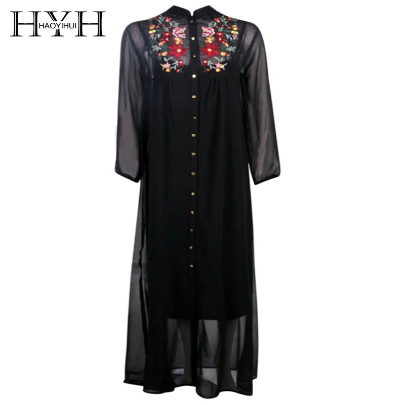 HYH HAOYIHUI Black Loose Shirt Dress Female Vestido Floral Embroidery Casual Boho Women Clothing Chic Basic Vintage| |