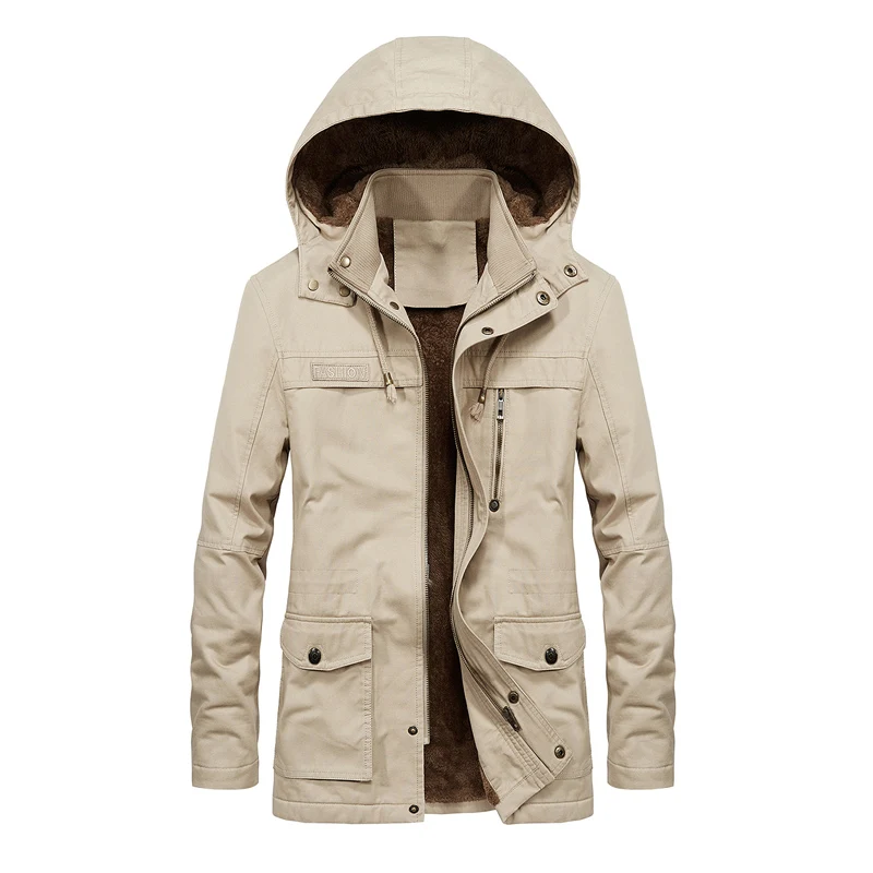 Light Khaki MANTLCONX, новинка, повседневная мужская куртка, зимняя, толстая, теплая, флисовая, на молнии, мужская куртка с капюшоном, мужские толстовки, пальто, мужские, длинные пальто - Цвет: Light Khaki