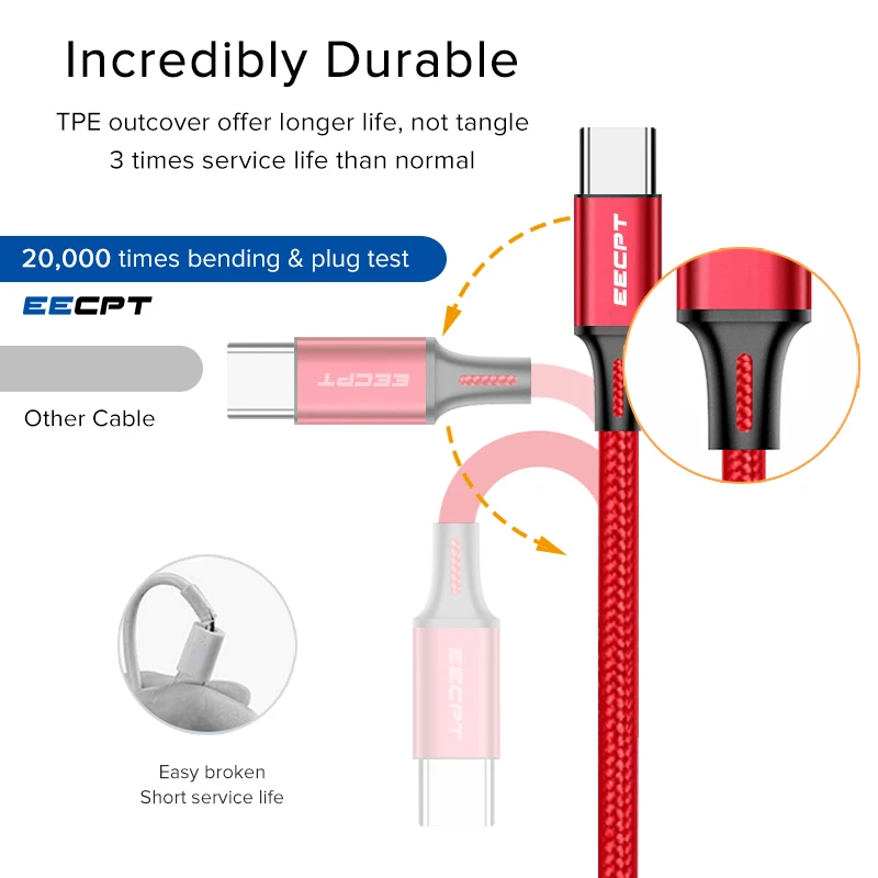 Кабель зарядный EECPT USB Type C для Xiaomi Redmi Note 7 Samsung Galaxy S9 S8|Кабели мобильных телефонов| |