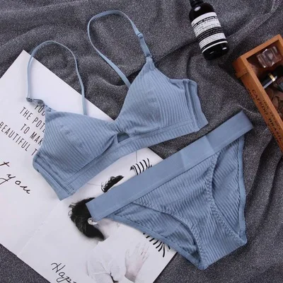 Blue Хлопковый комплект нижнего белья, модный полосатый комплект с бюстгальтером, благородный комплект нижнего белья для девочек, бюстгальтер пуш-ап, сексуальный комплект из бюстгальтера и трусиков - Цвет: Blue