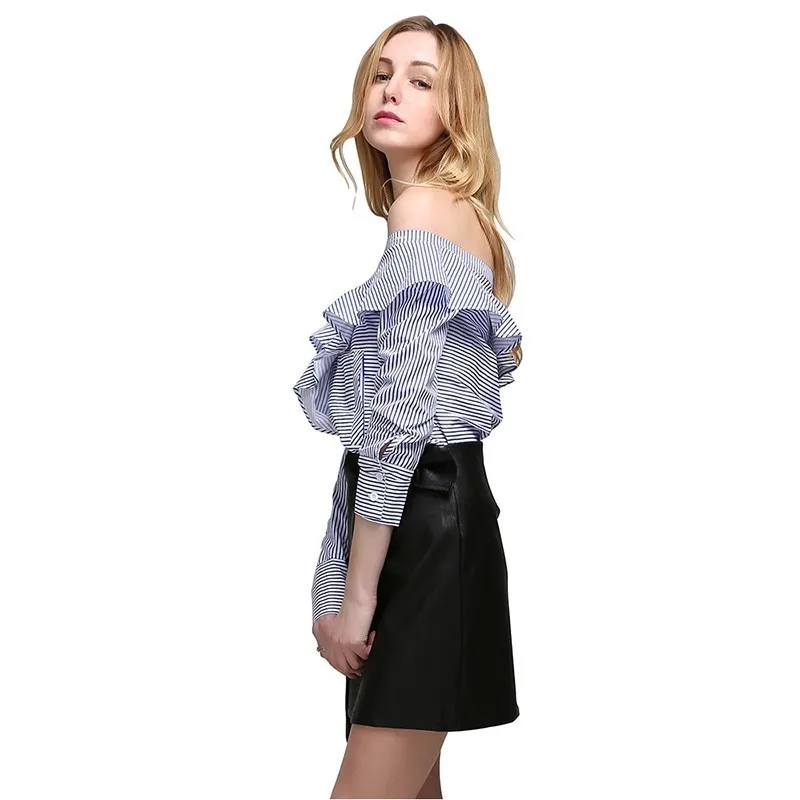 CHICEVER Summer T shirt For Women Striped Print Patchwork Ruffles Slash Neck Halter Loose Female Tops Clothing 2020 Fashion | Женская