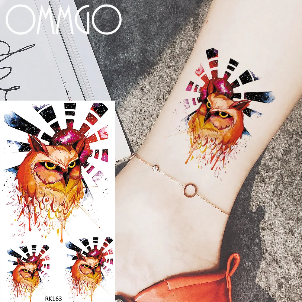 

Временные татуировки OMMGO с изображением совы тотема Галактики для женщин и мужчин, наклейки для вспышки, поддельные татуировки на заказ, бод...
