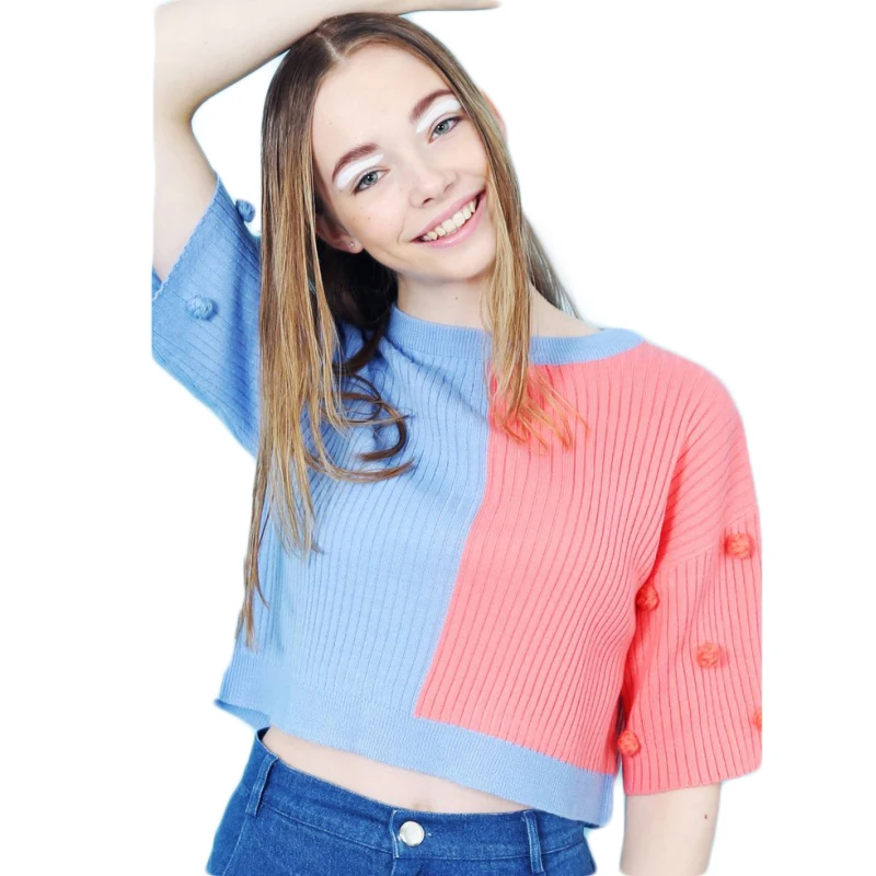 IRISIE O-neck Patchwork Sleeve Pullovers Sweater Casual Streetwear Blue And Pink Autumn Tops For Women 2018 New Arrival | Женская одежда