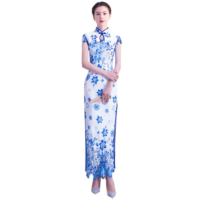 Синий белый фарфоровый чеонгсам сексуальное Qipao длинное модное раздельное