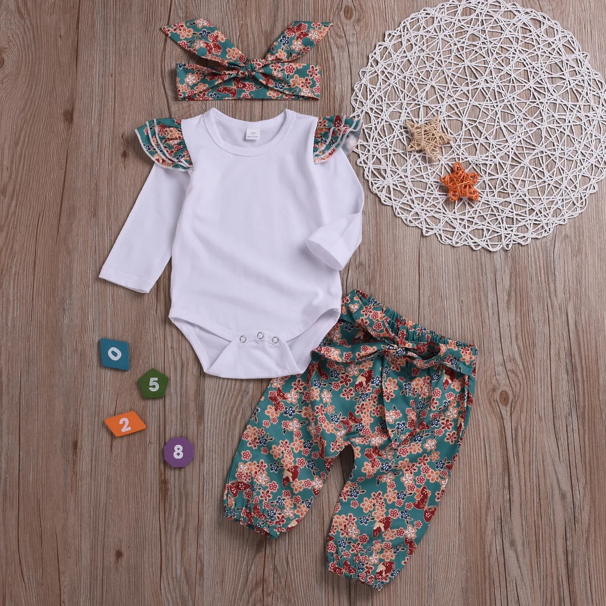 

New Floral Newborn Baby Girl Clothes Ruffles Sleeve Bodysuit +headband+pants 3pcs Outfit 0-24M Bebek Giyim Sunsuit Cotton Suit