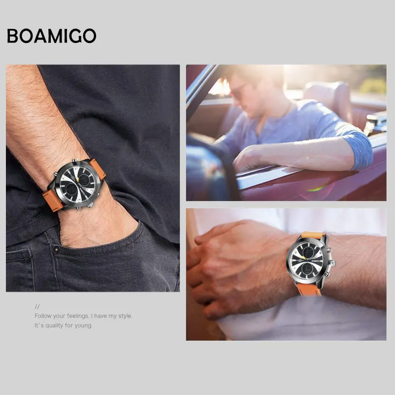 

BOAMIGO Brand Men Sports Watches Fashion Watches Orange Leather Quartz Wristwatches 30M Waterproof Gift Box Clock Reloj Hombre