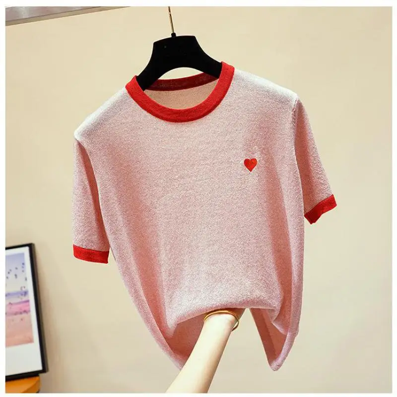 Женский трикотажный пуловер с круглым вырезом и коротким рукавом | Женская