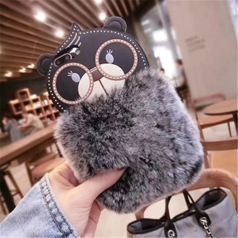 Luxury Fashion DIY Rabbit Fur Case For iPhone 6 6S 7 8 Plus X XS XR MAX Cute Big Eyes Bear Cartoon Warm Fluffy Hair Plush |