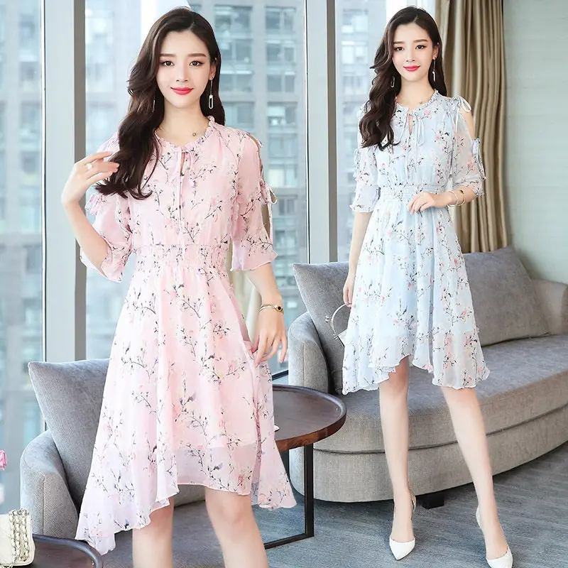 Женское шифоновое платье с открытыми плечами цветочным принтом|Женские платья| |