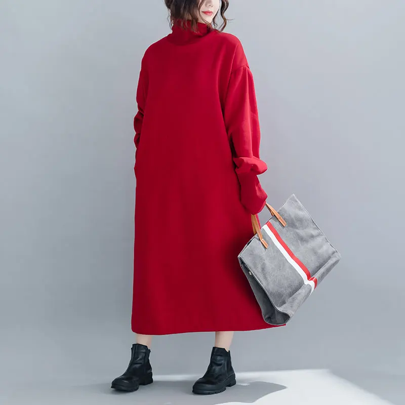 Oladivi Plus Size Women Velvet Hoodies& Sweatshirt Ladies Turtleneck Warm Coat Female Winter Long Top Tunic Vestidios Red Black
