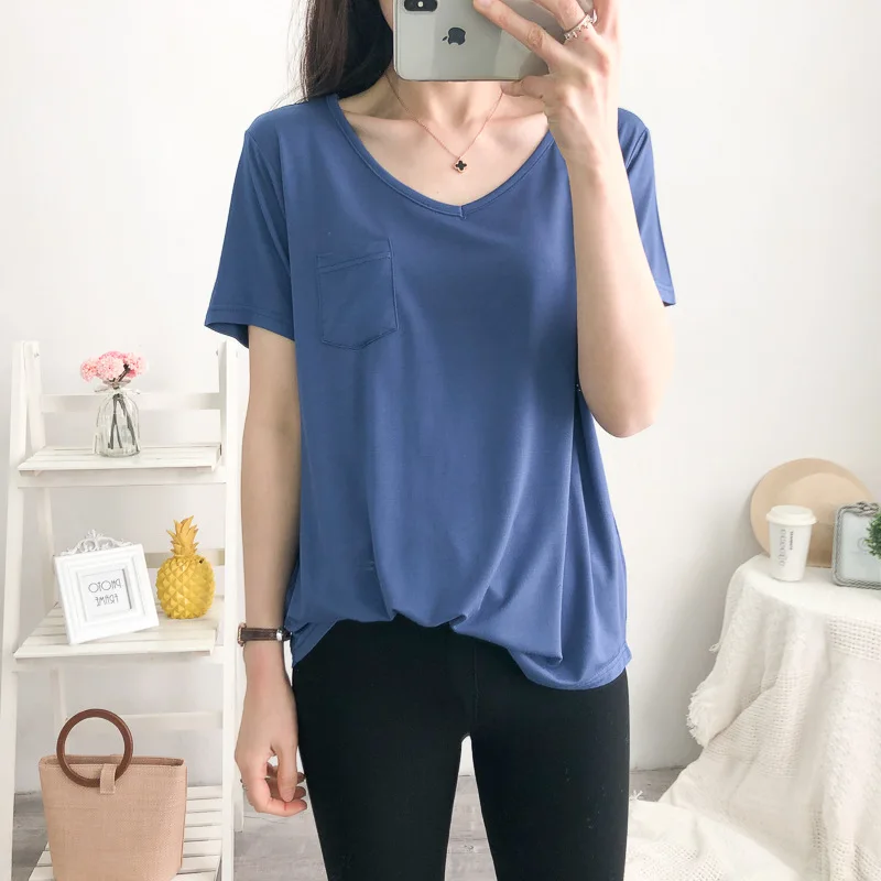 New Women's Pocket T-shirt Summer Plus Size Tee Basic Shirts Women Solid V Neck Short Sleeve Long Casual Loose Female Tops Femme | Женская
