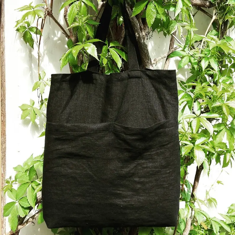 Black Canvas Customize Logo Tote Reusable Cotton Women Storage Shopping Bag Beach Handbags