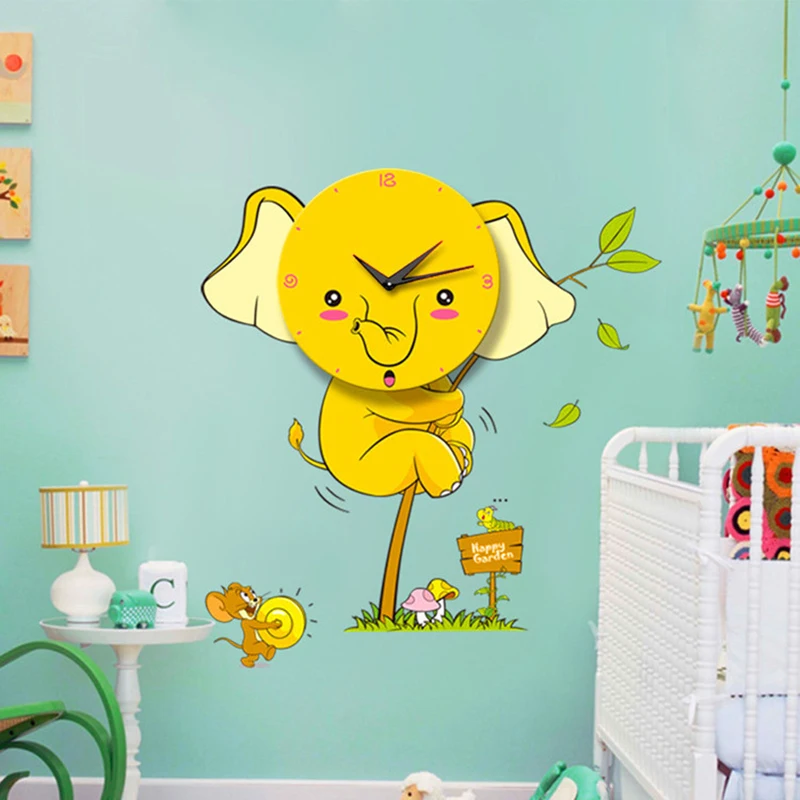 Мультяшные настенные часы Милые Желтые со слоном наклейка для детской спальни