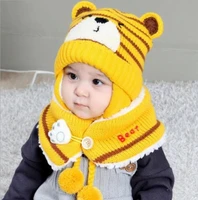 winter baby boy girls warm cartoon bear knitted hats with hair ball earbudneck scarf 2 pcs set for 0 2t baby toddler headdress