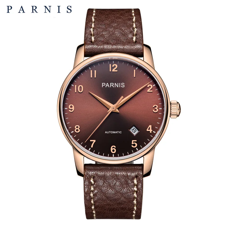 Rose Case Black Модные мужские механические часы 36 мм Parnis из натуральной кожи с циферблатом, Мужские автоматические часы с автоматической обмоткой, часы esqueleto dourado - Цвет: Rose Case Black