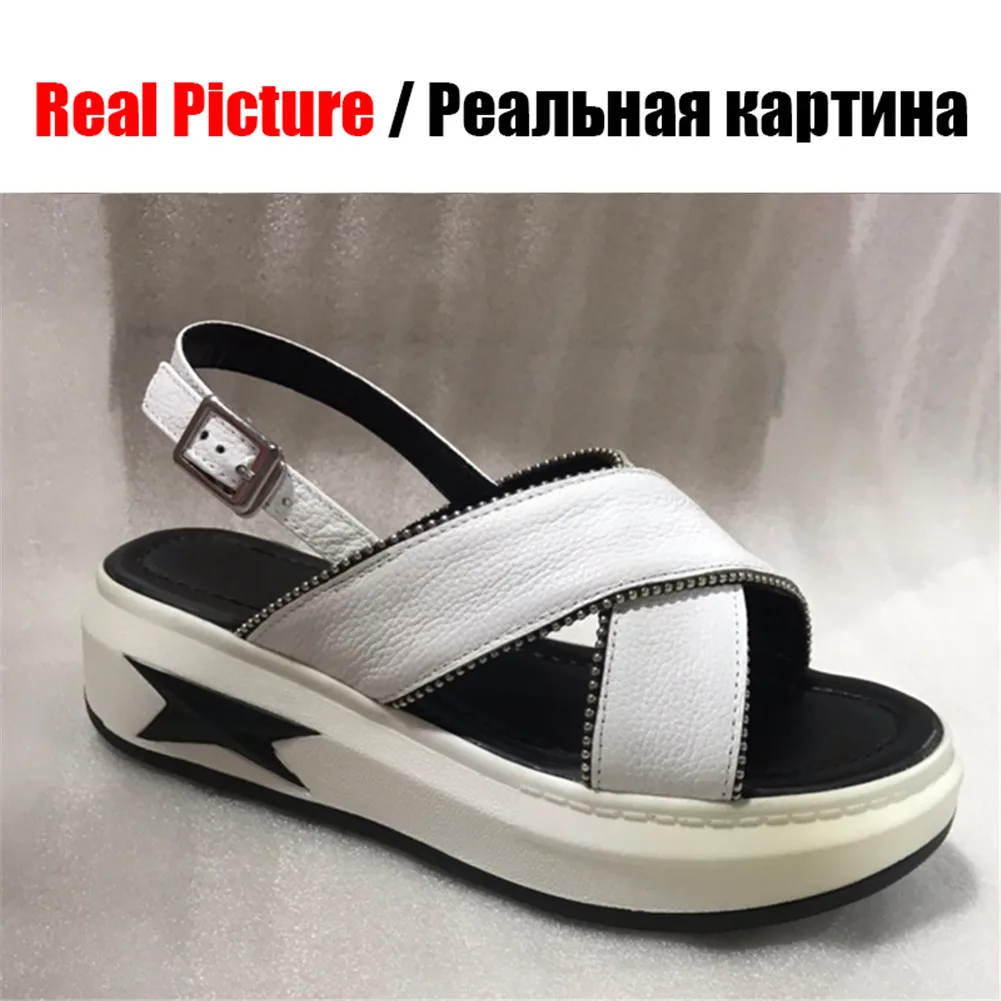 

Dilalula 2021 Genuine Leather Casual Sandals Women Size 33-43 Med Wedges Heels Metal Beads Leisure Sandals Ladies Shoes Woman
