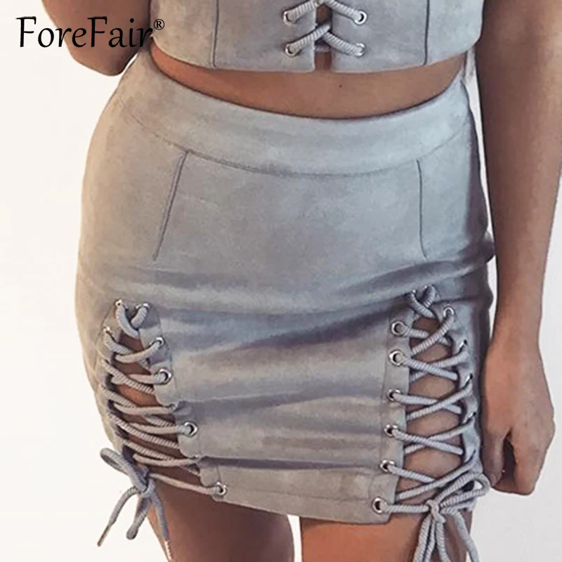 Forefair замшевые кожаные юбки женские s осень зима черная юбка женская Винтажная с высокой талией на шнуровке мини-юбка
