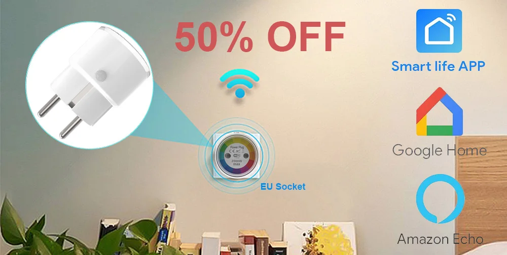 Умная розетка с Wi-Fi, розетка 3680 Вт, 16А, таймер для контроля энергии, ЕС, розетка, голосовое управление от Alexa Google Home IFTTT
