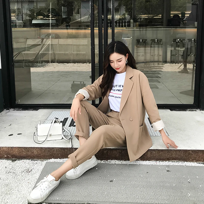

Casual Khaki Suit Women Two Piece Sets Long Sleeve Notched Collar Blazer Jacket & Pencil Pant 2019 Autumn High Quality Women Set