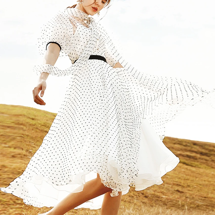 Женское шифоновое платье миди HAMALIEL подиумное винтажное в горошек с коротким