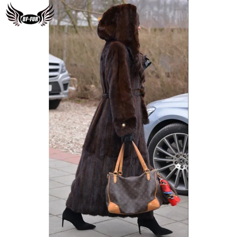 BFFUR Winter Coat With Hood Real Mink Fur Outerwear 2022 New Arrival Leather Jacket Women Warm Casual Gothic Dress Genuine Coats